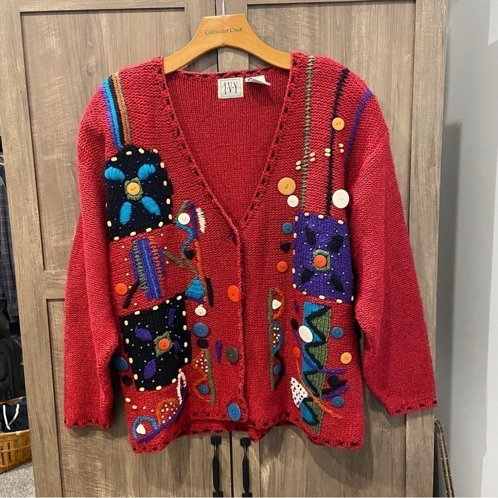 IVY Vintage Large Sweater Cardigan Embroidered 90’s Silk Blend‎ Button Front Art